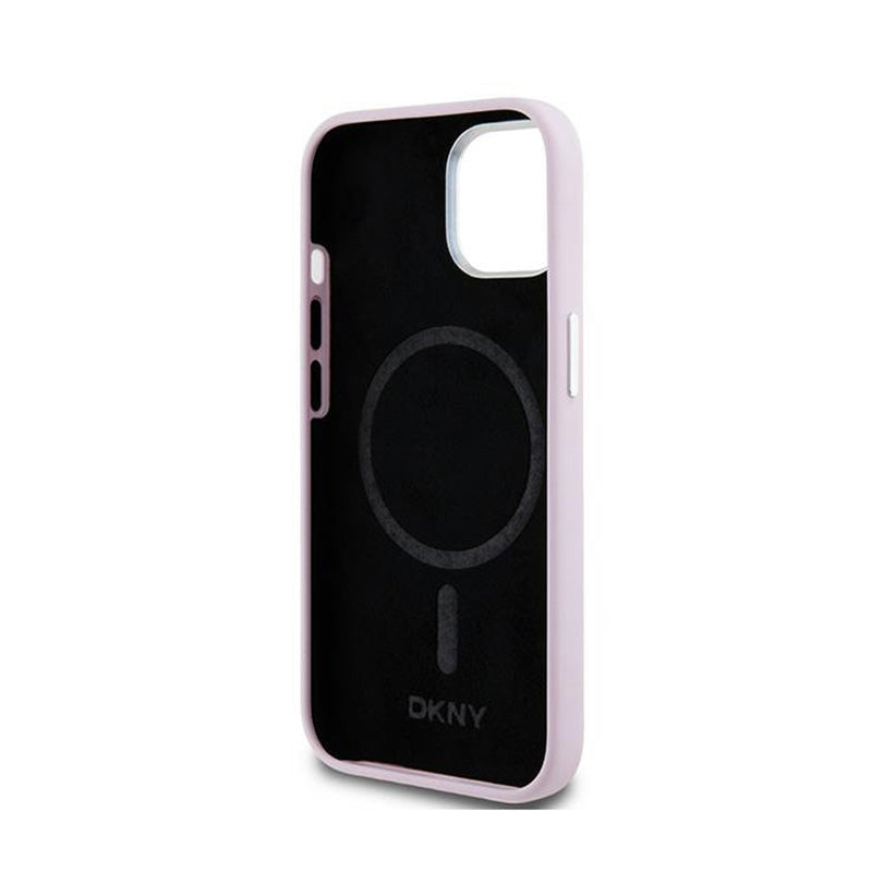 DKNY Liquid Silicone Small Metal Logo MagSafe – dėklas, skirtas iPhone 15 Plus / 14 Plus (rožinė)