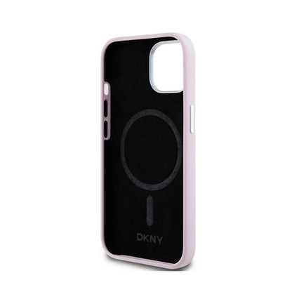 DKNY Liquid Silicone Small Metal Logo MagSafe – dėklas, skirtas iPhone 15 Plus / 14 Plus (rožinė)