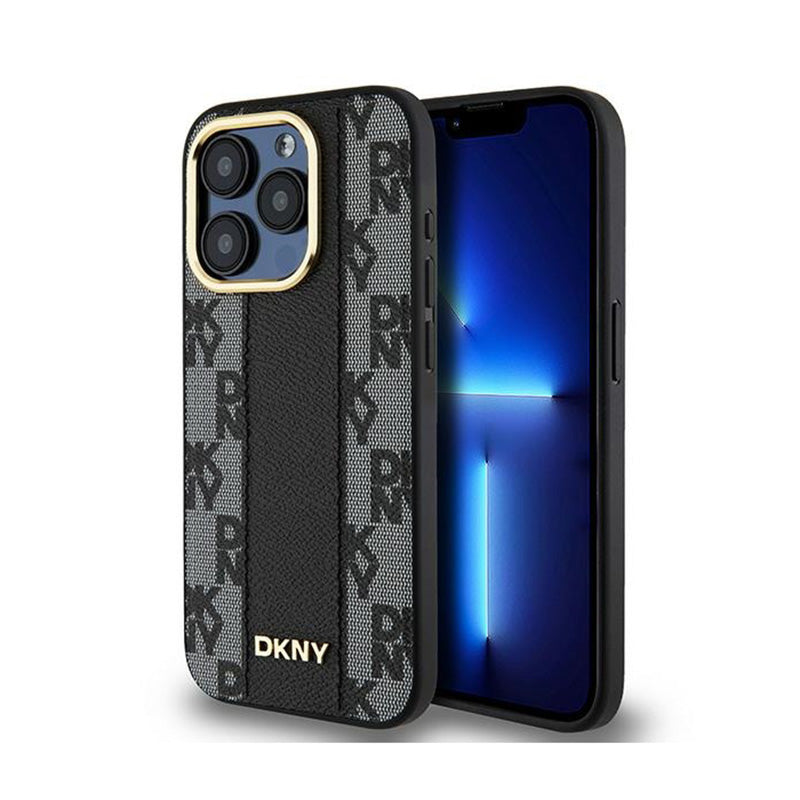 DKNY odinė languota „Mono Pattern MagSafe“ dėklas, skirtas „iPhone 15 Pro Max“ (juodas)