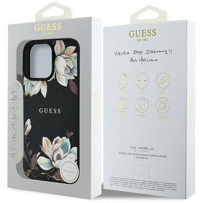Guess Grūdėtas spausdintas gėlių raštas MagSafe dėklas iPhone 16 Pro (juodas)