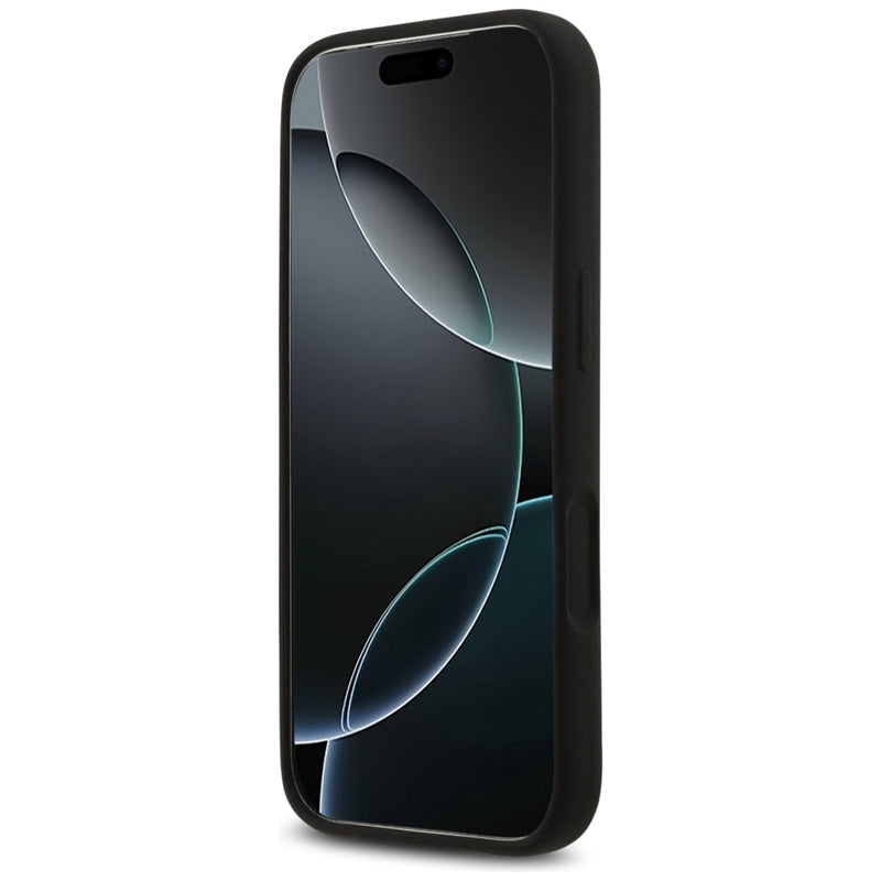 Guess Silikoninis MagSafe dėklas su Trikampio logotipu iPhone 17 Pro Max (juodas)
