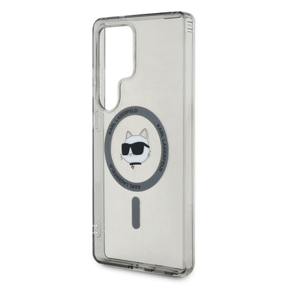 Karl Lagerfeld mygtukas Choupette galvos spausdintas logotipas MagSafe – dėklas Samsung Galaxy S25 Ultra (juodas)