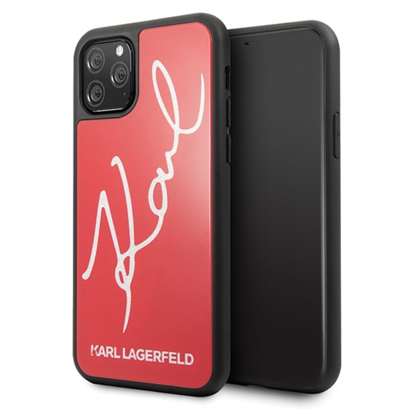 Karl Lagerfeld dvigubų sluoksnių grūdinto stiklo dėklas su blizgučiais „Signature Glitter Case“, skirtas „iPhone 11 Pro Max“ (raudonas)