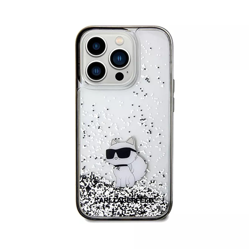 Karl Lagerfeld Liquid Glitter Choupette – dėklas iPhone 14 Pro Max (skaidrus)