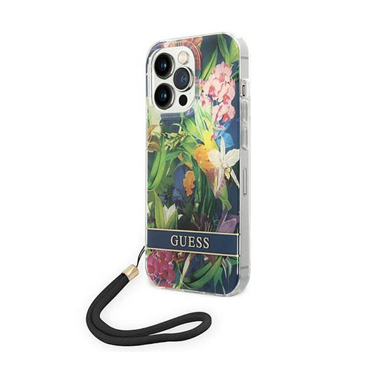 Guess Flower Cord - Dėklas iPhone 14 Pro (mėlynas)