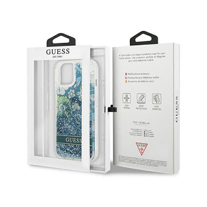 Guess Liquid Glitter Flower – dėklas, skirtas iPhone 13 (mėlyna / žalia)