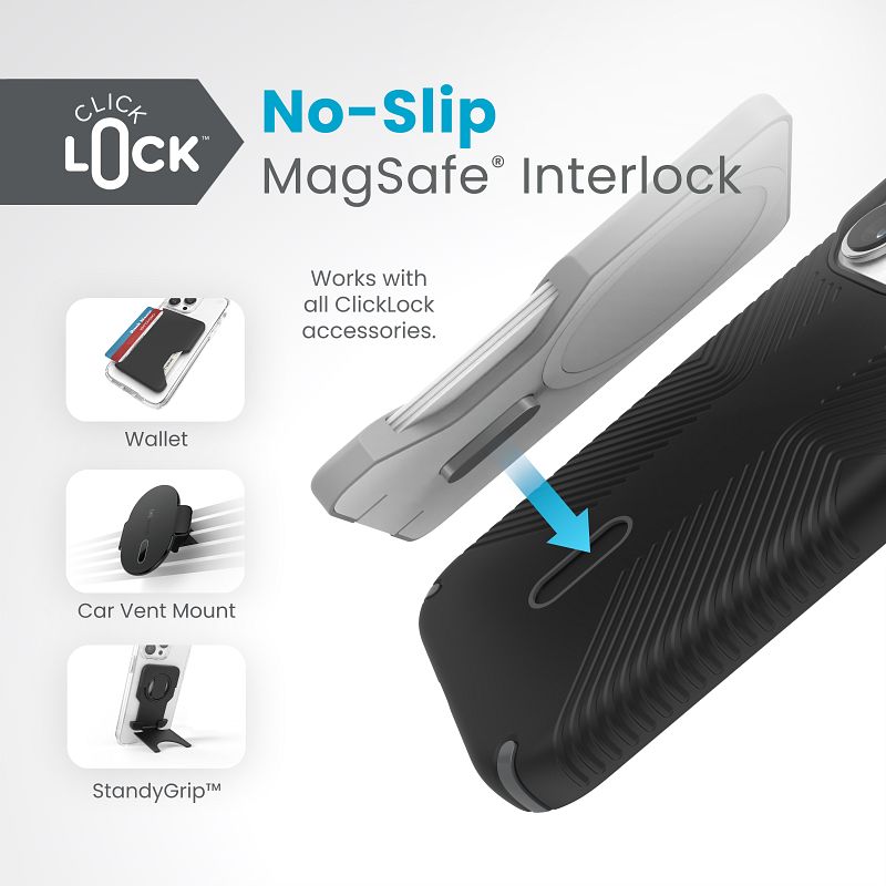 Speck Presidio2 Grip ClickLock & Magsafe – dėklas, skirtas „iPhone 15 Pro“ (juoda / tamsiai pilka / balta)