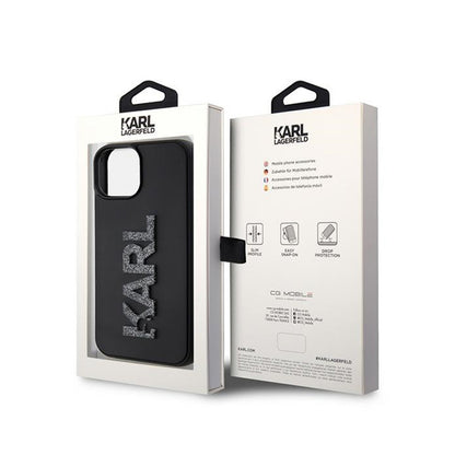 Karl Lagerfeld 3D guminis blizgučių logotipas – dėklas, skirtas iPhone 15 (juodas)