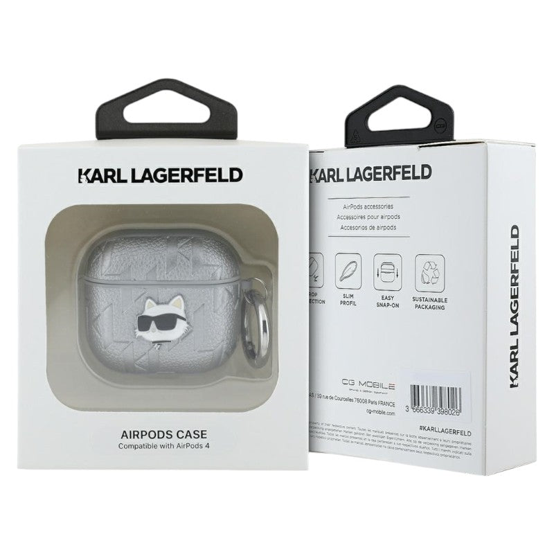 Karl Lagerfeld Monogram Choupette Head – AirPods 4 dėklas (sidabrinis)