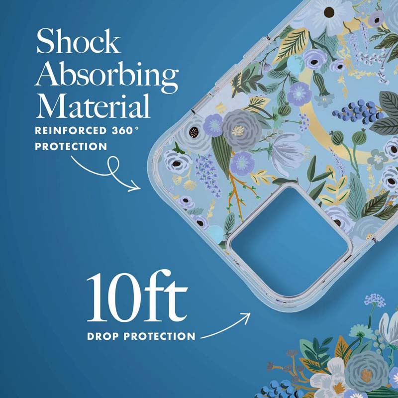 "Rifle Paper" permatomas "MagSafe" – „iPhone 14 Plus“ dėklas („Garden Party Blue“)