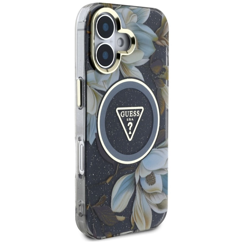 Guess Glitter Flowers Triangle Buttons MagSafe – dėklas iPhone 16 (juodas)