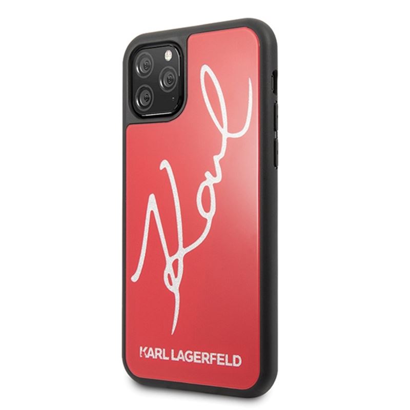 Karl Lagerfeld dvigubų sluoksnių grūdinto stiklo dėklas su blizgučiais „Signature Glitter Case“, skirtas „iPhone 11 Pro Max“ (raudonas)