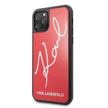 Karl Lagerfeld dvigubų sluoksnių grūdinto stiklo dėklas su blizgučiais „Signature Glitter Case“, skirtas „iPhone 11 Pro Max“ (raudonas)