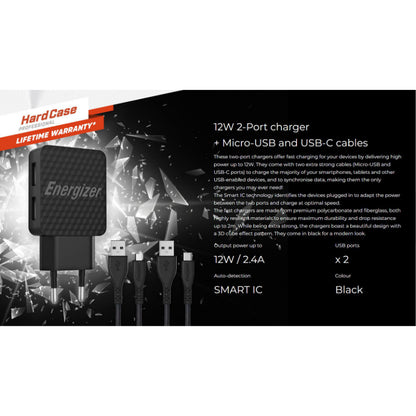 Energizer HardCase – 2x USB-A 12W tinklo įkroviklis + USB-C &amp; Micro USB laidas (juodas)
