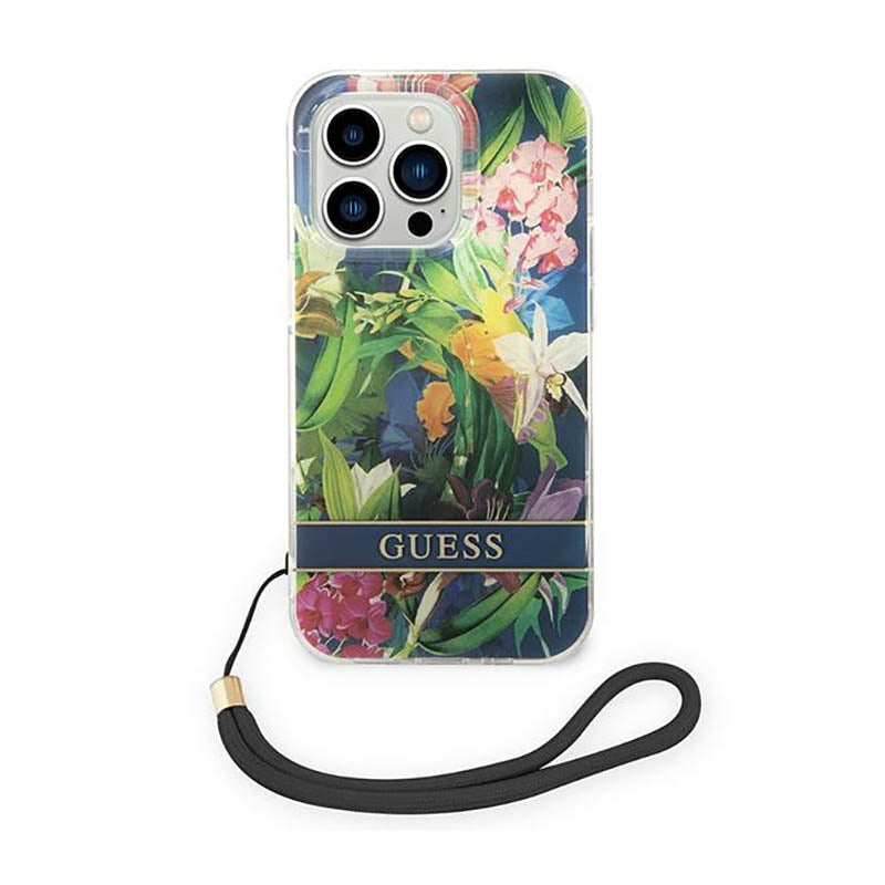 Guess Flower Cord - Dėklas iPhone 14 Pro (mėlynas)