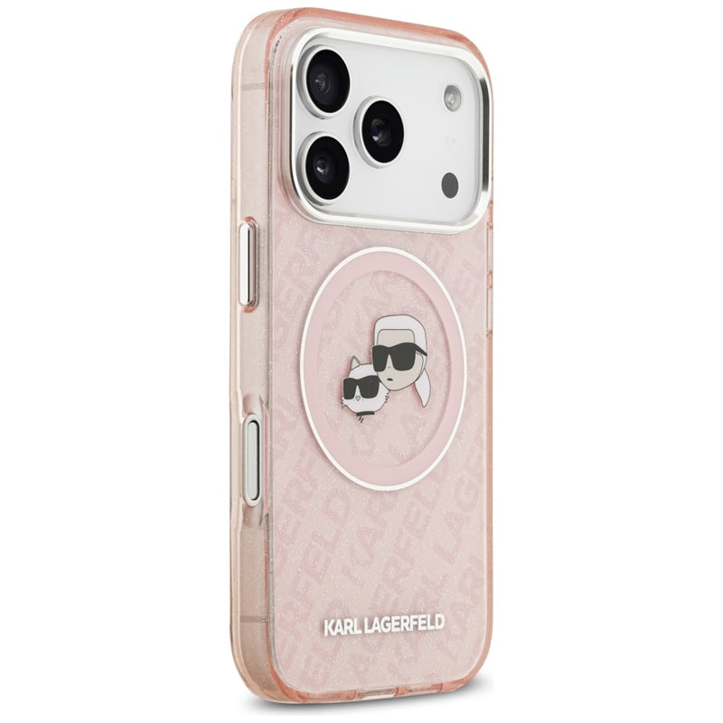 Karl Lagerfeld IML blizgučiai su Karl & Choupette galvų logotipu, MagSafe dėklas iPhone 17 Pro (rožinis)