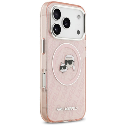 Karl Lagerfeld IML blizgučiai su Karl & Choupette galvų logotipu, MagSafe dėklas iPhone 17 Pro (rožinis)