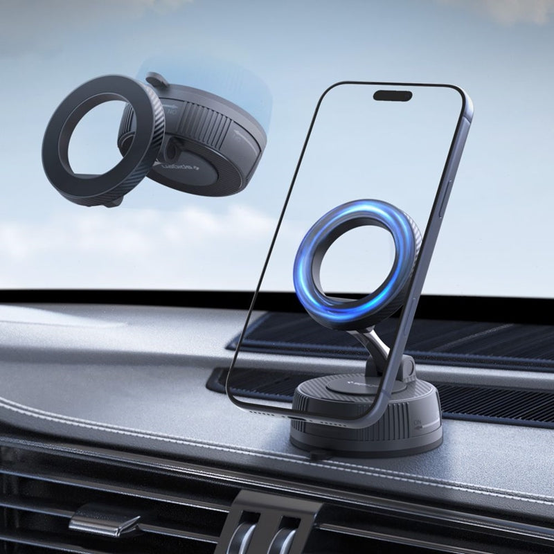 Spigen MFT36 - „MagSafe“ magnetinis automobilinis laikiklis prietaisų skydeliui ir priekiniam stiklui (juodas)