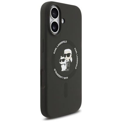 Karl Lagerfeld Silikoninis dėklas su Karl & Choupette žiedu, MagSafe, skirtas iPhone 17 (juodas)