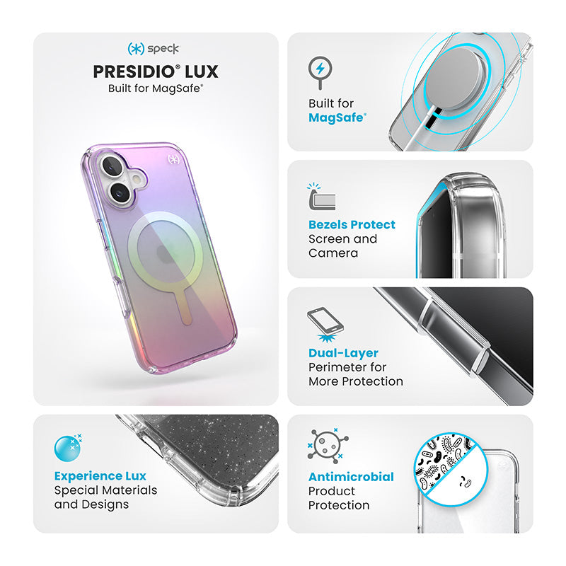 Speck Presidio2 Lux MagSafe – Dėklas, skirtas „iPhone 16“ (nuostabi violetinė / permatoma)