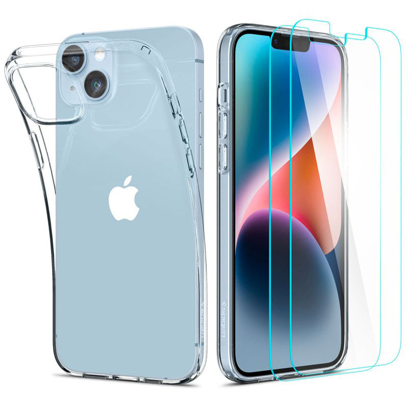 "Spigen Crystal Pack" - "iPhone 15 Plus" / "iPhone 14 Plus" dėklo rinkinys + apsauginis stiklas (skaidrus)