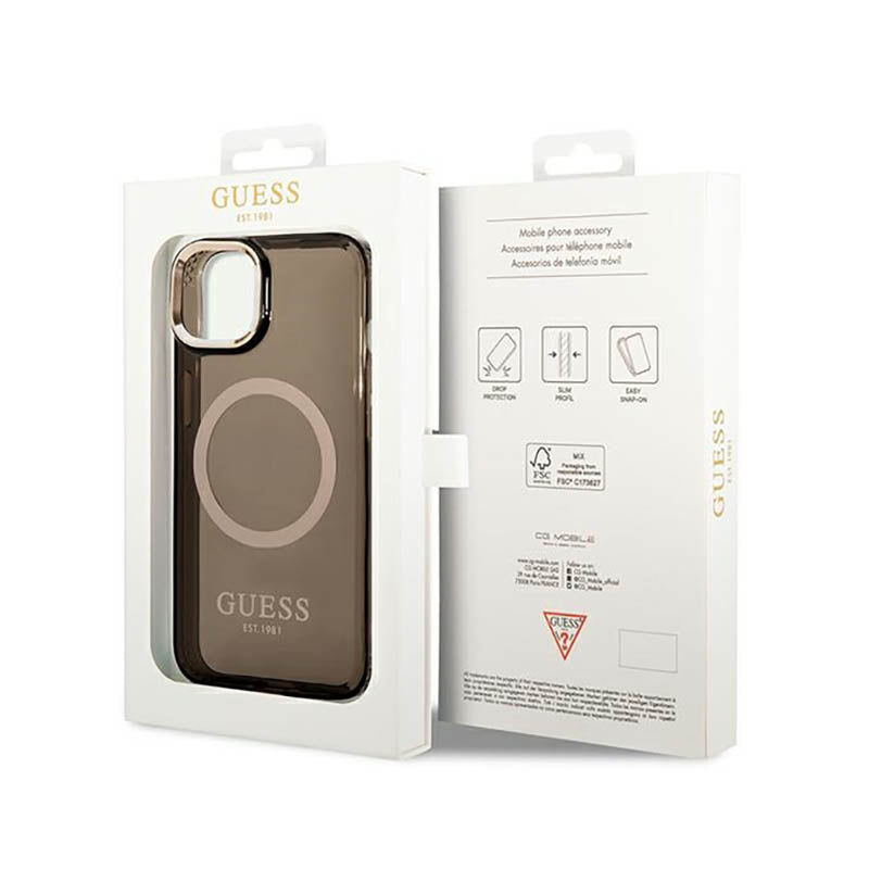 Guess Gold Outline Translucent MagSafe – „iPhone 14 Plus“ dėklas (juodas)