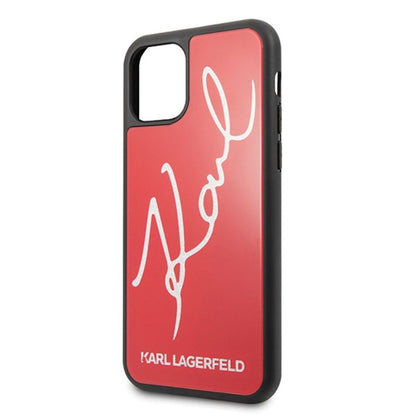 Karl Lagerfeld dvigubų sluoksnių grūdinto stiklo dėklas su blizgučiais „Signature Glitter Case“, skirtas „iPhone 11 Pro Max“ (raudonas)