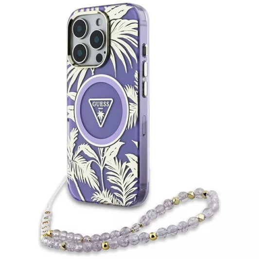 Guess Palm Trees Triangle Pearl Strap MagSafe – „iPhone 16 Pro Max“ dėklas (violetinis)