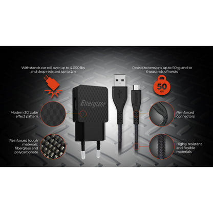Energizer HardCase – 2x USB-A 12W tinklo įkroviklis + USB-C &amp; Micro USB laidas (juodas)