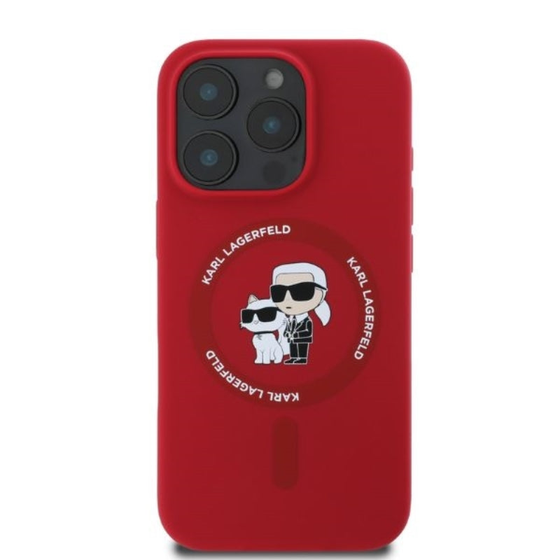Karl Lagerfeld Silikoninis Karl & Choupette žiedas MagSafe – dėklas iPhone 16 Pro Max (raudonas)