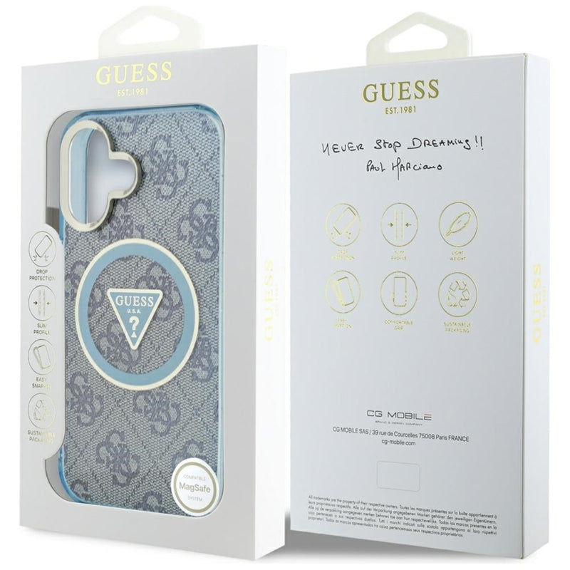 Guess IML Metal Glitter 4G Circle Triangle MagSafe – iPhone 16 dėklas (mėlynas)