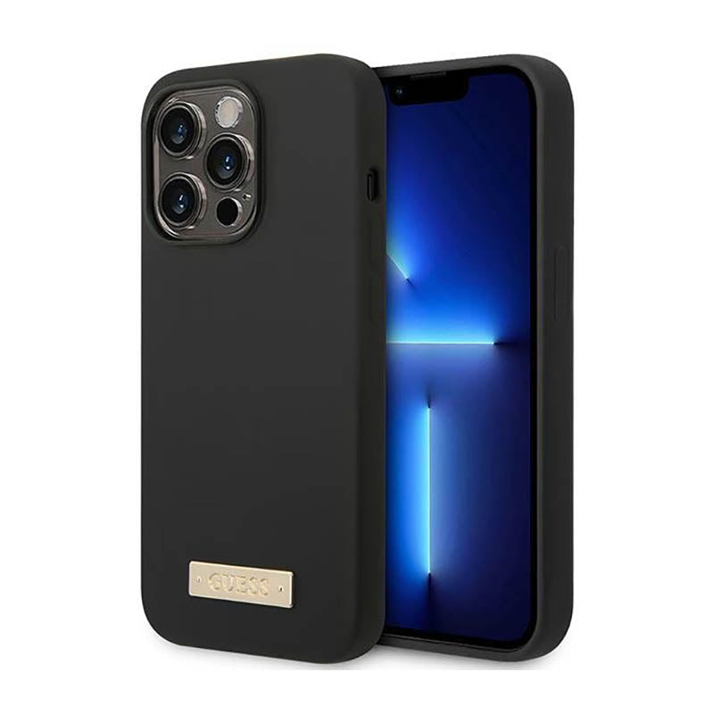 Guess Silicone Logo Plate MagSafe – dėklas, skirtas „iPhone 14 Pro“ (juodas)