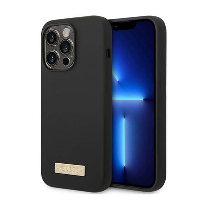 Guess Silicone Logo Plate MagSafe – dėklas, skirtas „iPhone 14 Pro“ (juodas)