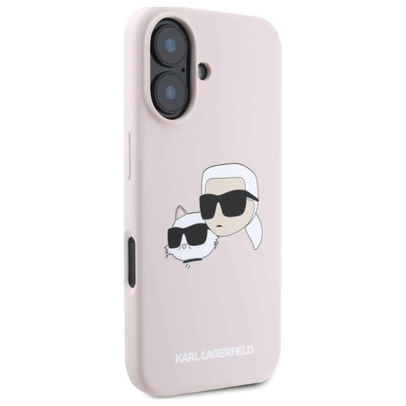 Karl Lagerfeld silikoninis „Double Heads Print MagSafe“ dėklas „iPhone 16“ (rožinis)