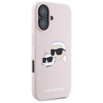 Karl Lagerfeld silikoninis „Double Heads Print MagSafe“ dėklas „iPhone 16“ (rožinis)