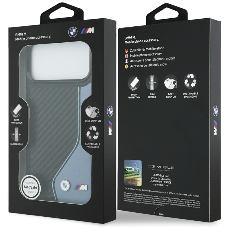 BMW M Carbono Logotipas MagSafe dėklas iPhone 17 Pro Max (mėlynas)