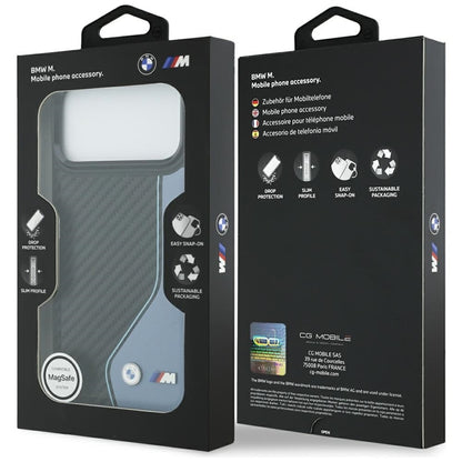 BMW M Carbono Logotipas MagSafe dėklas iPhone 17 Pro Max (mėlynas)