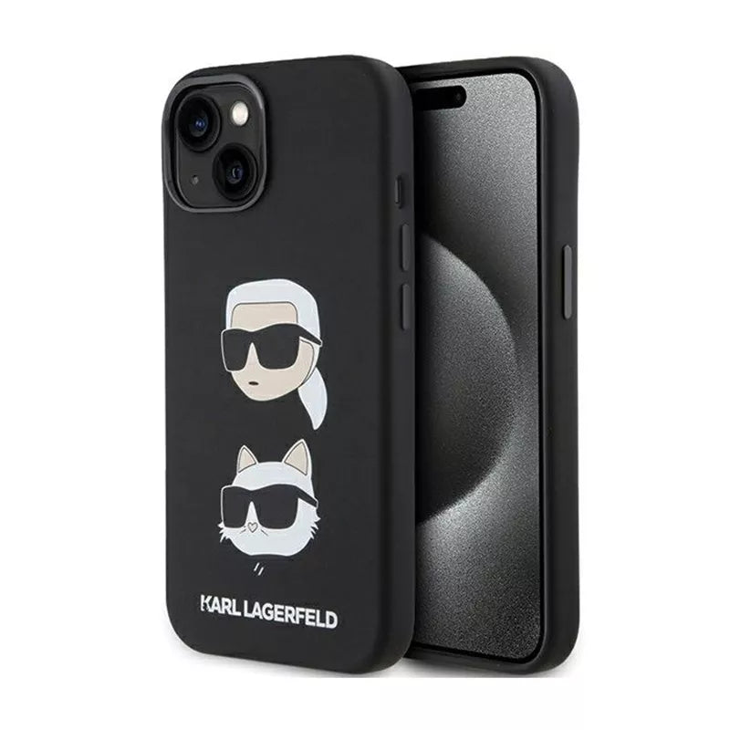 Karl Lagerfeld silikoninis dėklas „Karl & Choupette Heads“ – „iPhone 15 Plus“ (juodas)