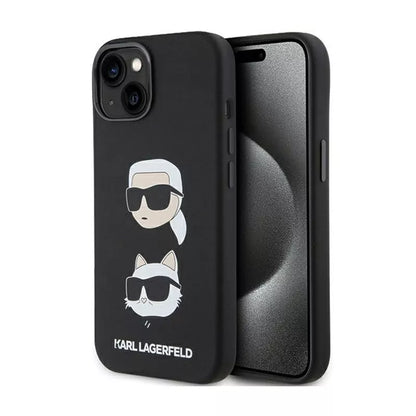 Karl Lagerfeld silikoninis dėklas „Karl & Choupette Heads“ – „iPhone 15 Plus“ (juodas)