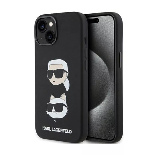 Karl Lagerfeld silikoninis dėklas „Karl & Choupette Heads“ – „iPhone 15 Plus“ (juodas)