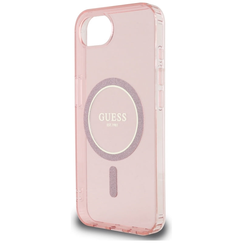 Guess IML Glitter Circle MagSafe – dėklas, skirtas iPhone 16e (rožinis)