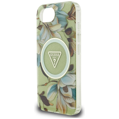 Guess IML Metal Glitter Flowers Triangle MagSafe – Dėklas iPhone 16e (žalias)