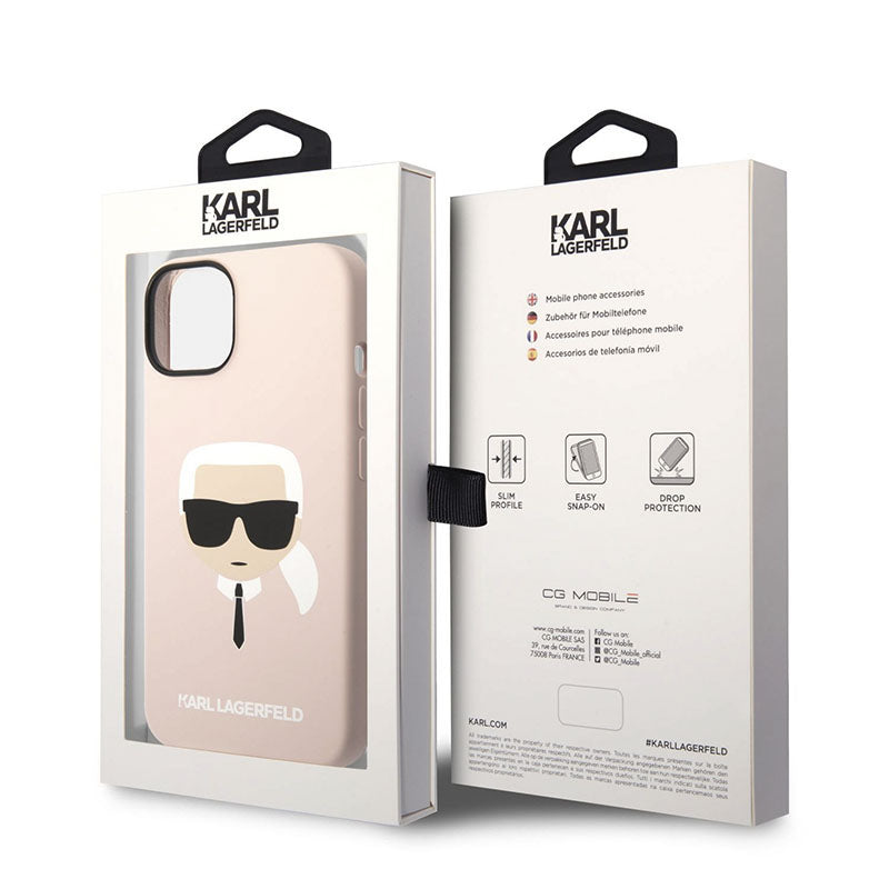 Karl Lagerfeld silikoninis Ikonik Karl'o galvos dėklas su MagSafe, skirtas iPhone 14 Plus (rožinis)