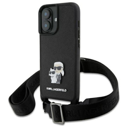 Karl Lagerfeld Saffiano Karl & Choupette Metal Pin CBDY Strap – dėklas iPhone 16 (juodas)