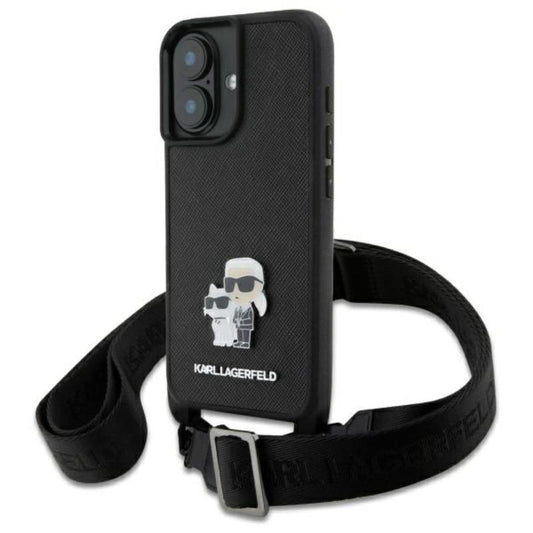 Karl Lagerfeld Saffiano Karl & Choupette Metal Pin CBDY Strap – dėklas iPhone 16 (juodas)