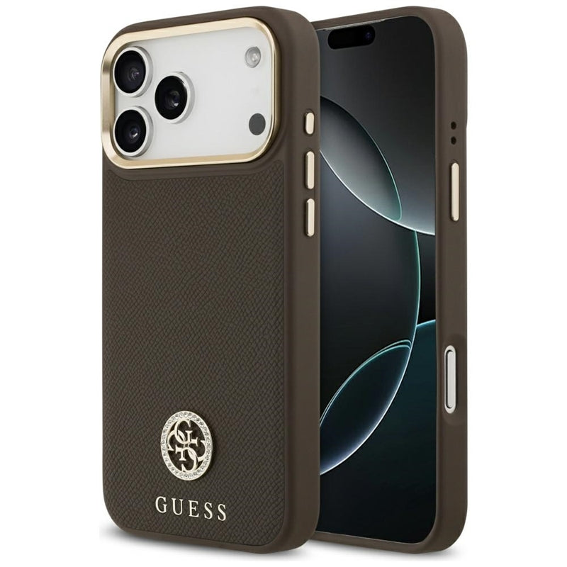 Guess Grūdėtas Cirkonio Logotipas MagSafe dėklas iPhone 17 Pro Max (rudas)