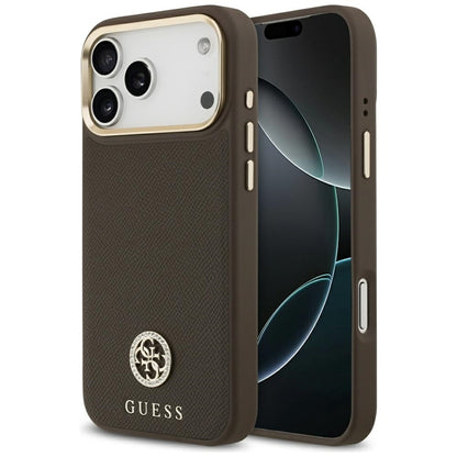 Guess Grūdėtas Cirkonio Logotipas MagSafe dėklas iPhone 17 Pro Max (rudas)