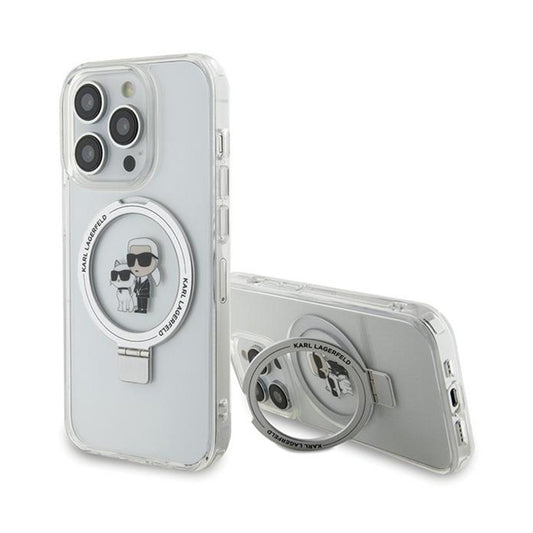 Karl Lagerfeld žiedinis stovas Karl & Choupette MagSafe – iPhone 14 Pro dėklas (baltas)