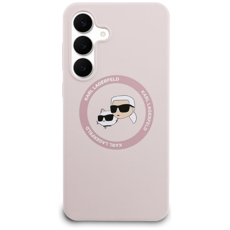 Karl Lagerfeld Silikoninis MagSafe dėklas su Karl & Choupette galvutėmis – Samsung Galaxy S25 FE (rožinis)