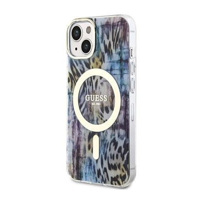 Guess Leopard MagSafe – dėklas iPhone 14 (mėlyna)